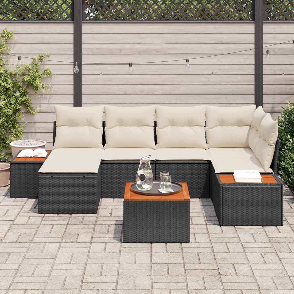 Gartensofa-set mit Kissen 7 pcs Schwarz und Creme Polyrattan