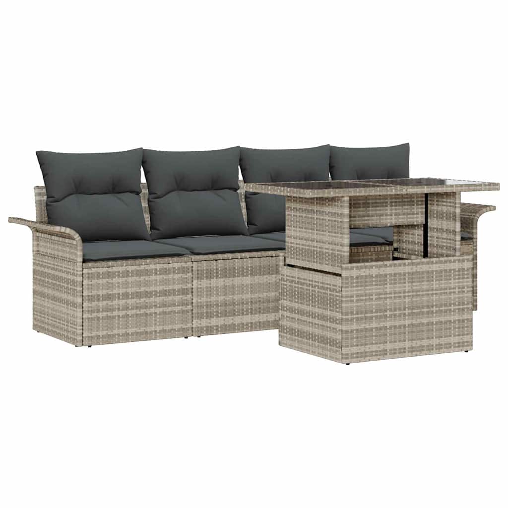 Gartensofa-set mit Kissen 5 pcs Hellgrau Poly Rattan