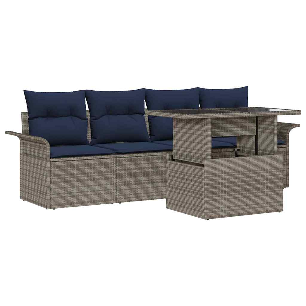 Garten-Sofa-Set mit Kissen mit Speicher 5 pcs Grau Poly Rattan