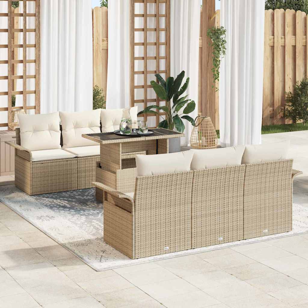 Garten-Sofa-Set mit Kissen mit Speicher 7 pcs Beige Poly Rattan