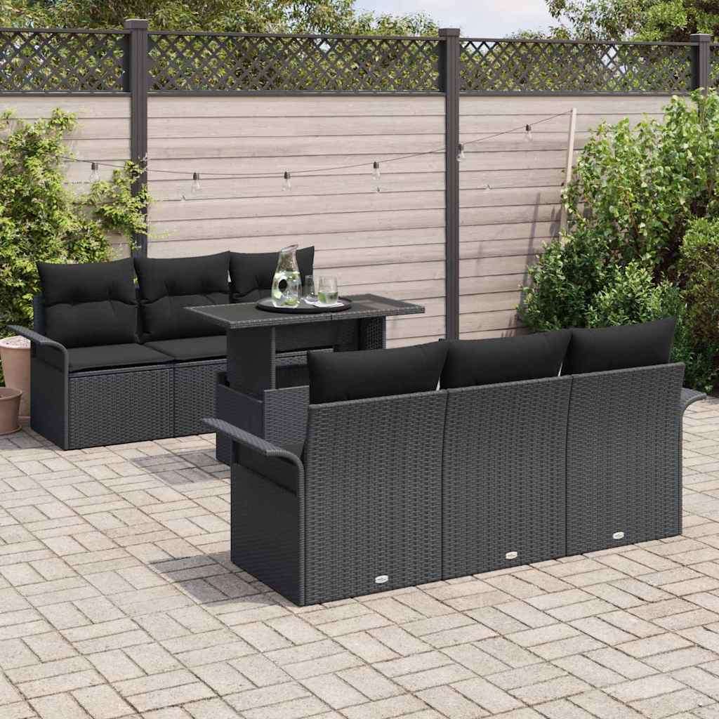Gartensofa-set mit Kissen 7 pcs Schwarz Poly Rattan