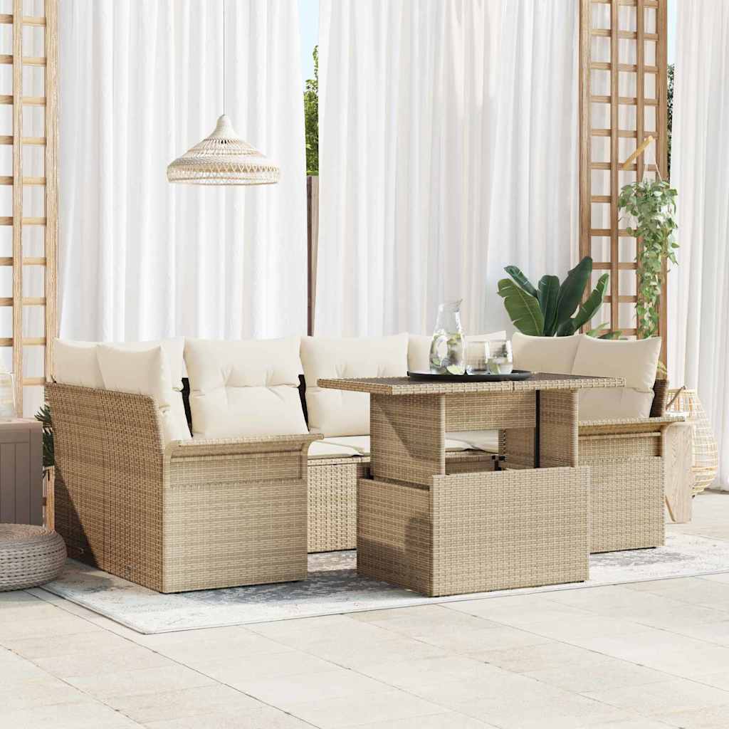 Gartensofa-set mit Kissen mit Speicher 7 pcs Beige Poly Rattan