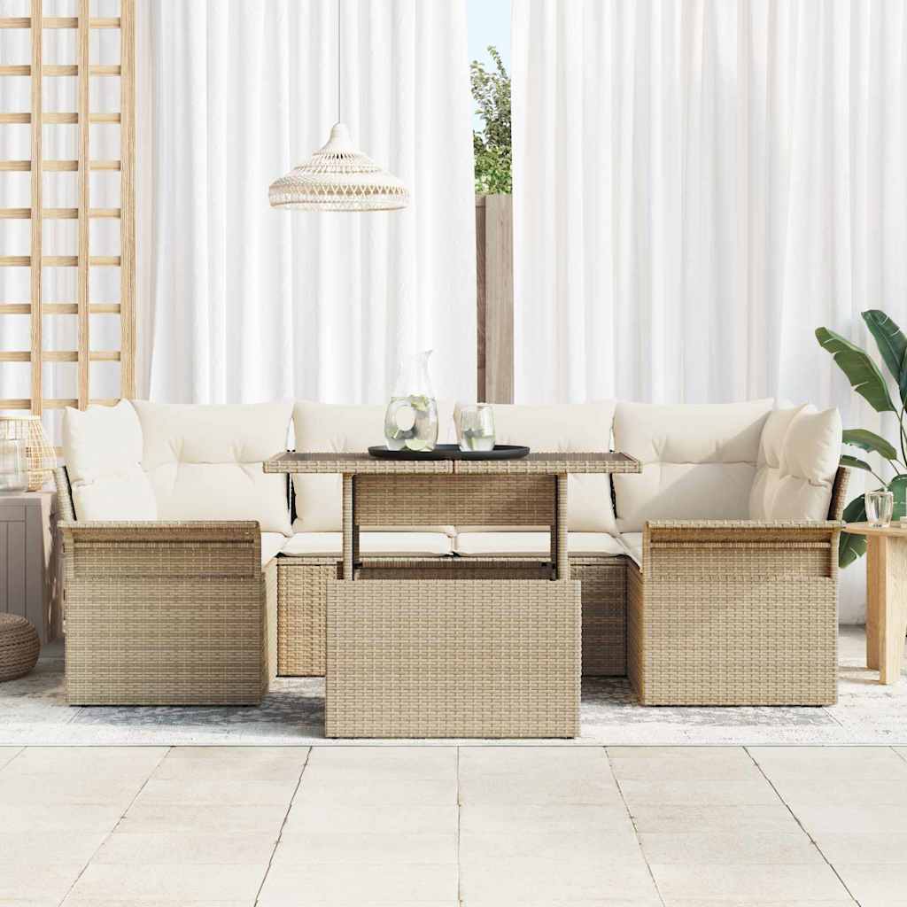 Gartensofa-set mit Kissen mit Speicher 7 pcs Beige Poly Rattan