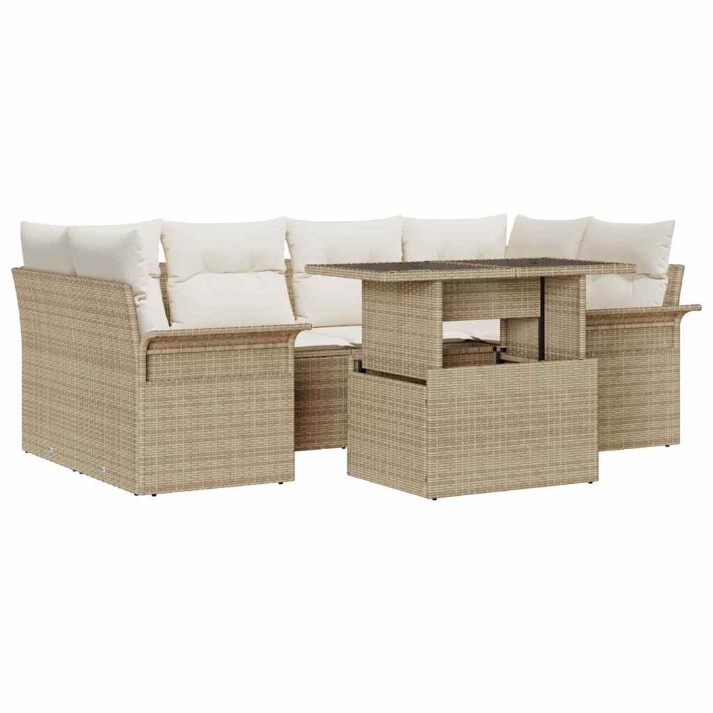 Gartensofa-set mit Kissen mit Speicher 7 pcs Beige Poly Rattan