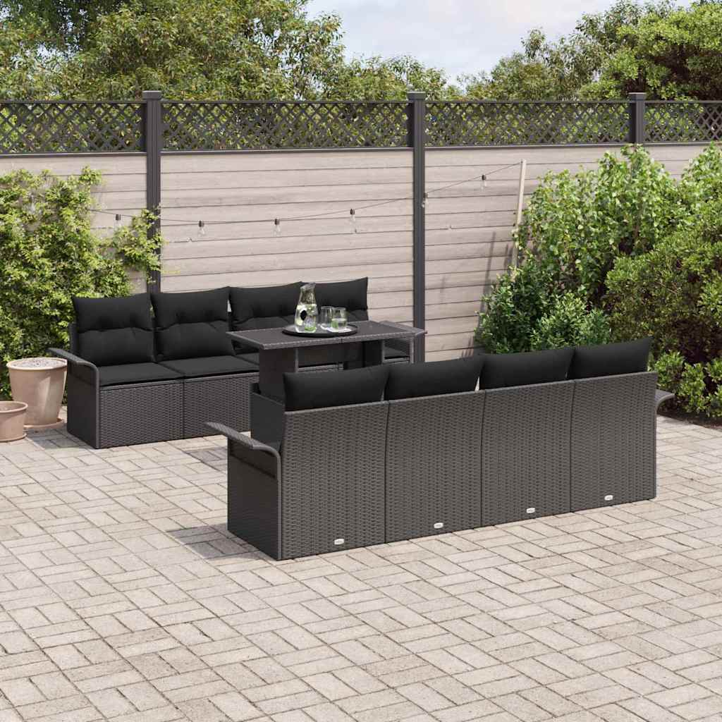 Gartensofa-set mit Kissen 9 pcs Schwarz Poly Rattan