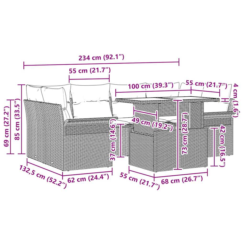 Garten-Sofa-Set mit Kissen 7 pcs Schwarz Poly Rattan