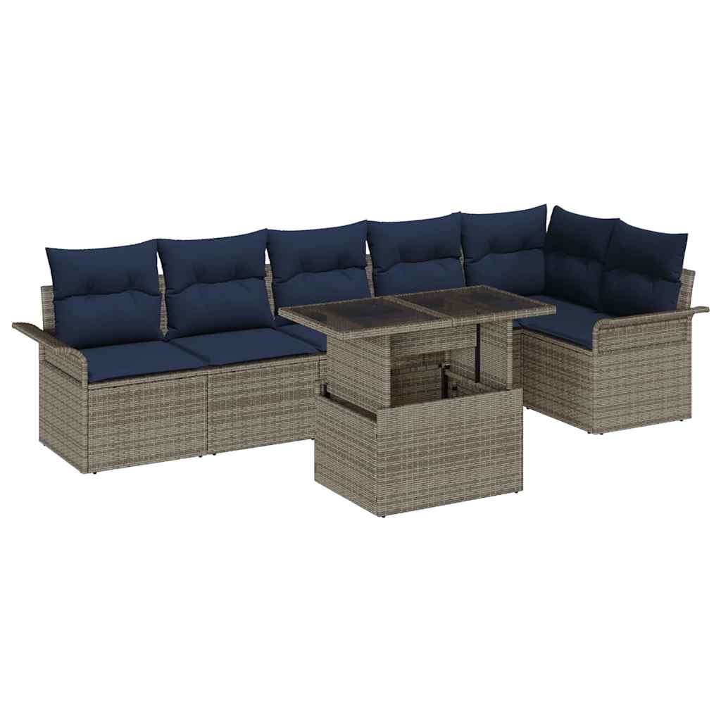 Garten-Sofa-Set mit Kissen mit Speicher 7 pcs Grau Poly Rattan