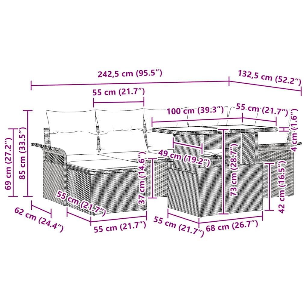 Garten-Sofa-Set mit Kissen 7 pcs Hellgrau Poly Rattan