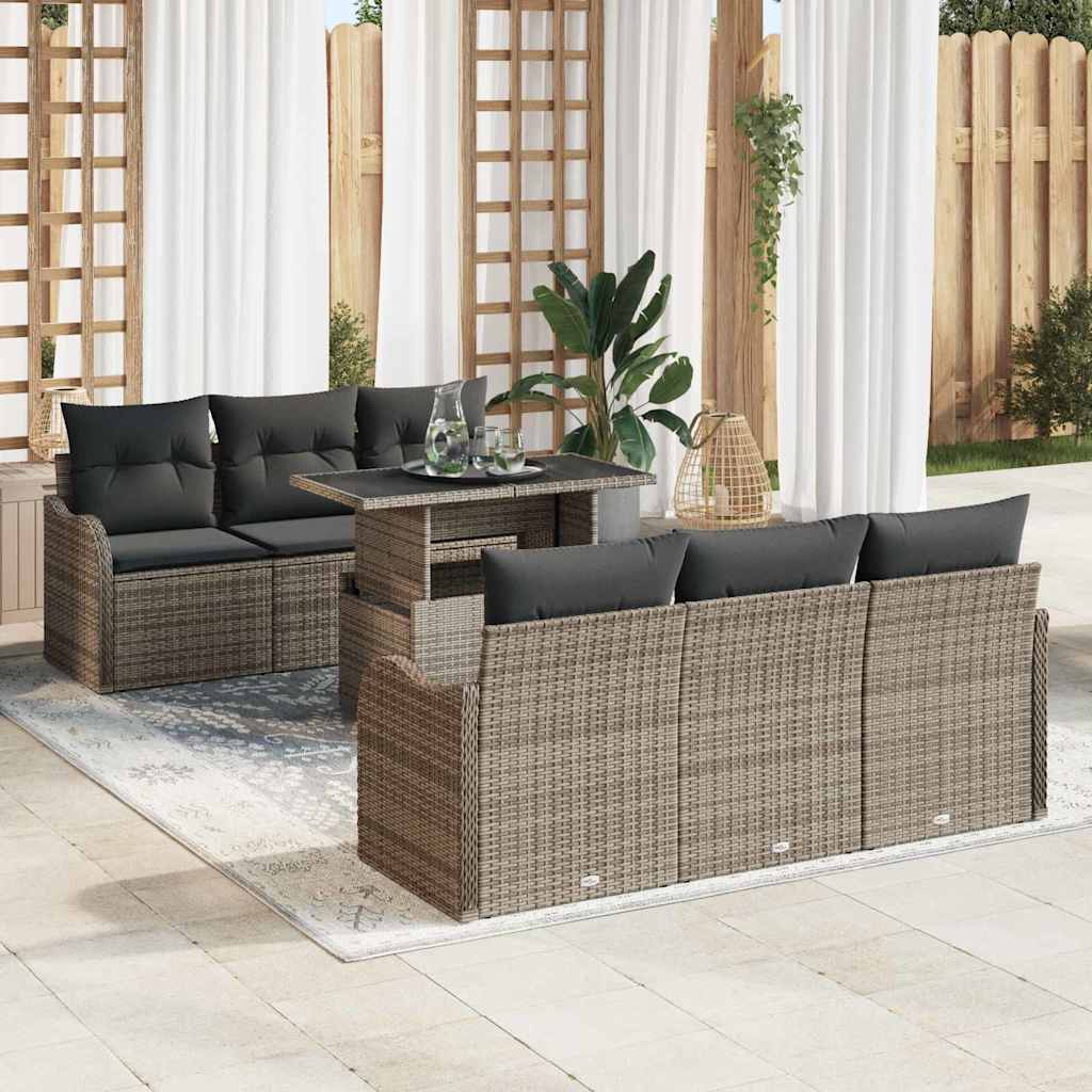 Gartensofa-set mit Kissen mit Speicher 7 pcs Grau Poly Rattan