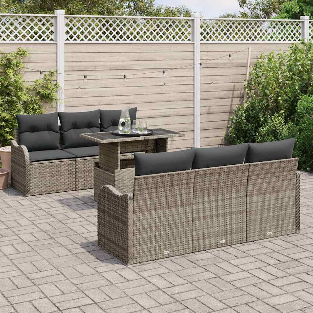 Gartensofa-set mit Kissen mit Speicher 7 pcs Grau Poly Rattan