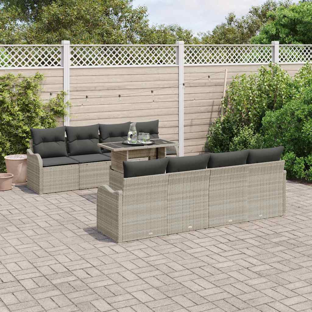 Gartensofa-set mit Kissen mit Kissen 9 pcs Hellgrau Poly Rattan