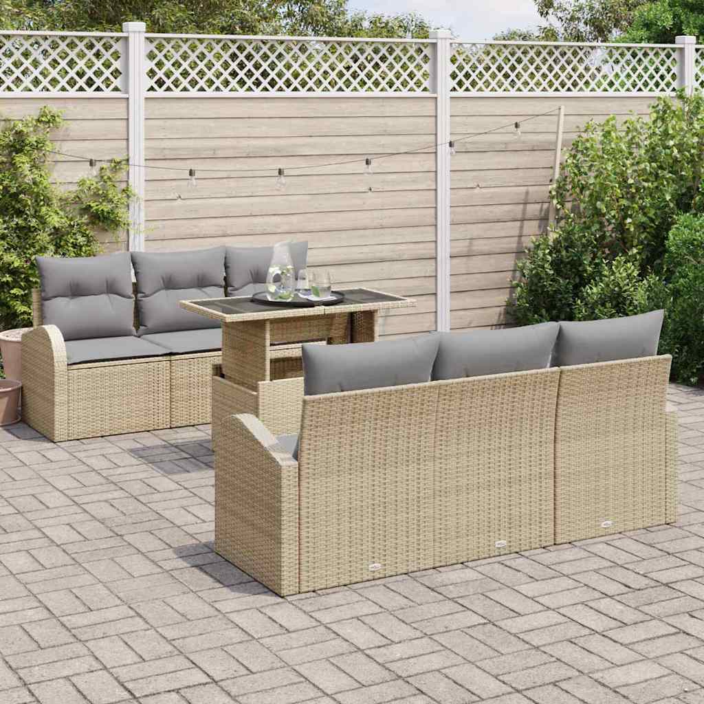 Gartensofa-set mit Kissen mit Speicher 7 pcs Beige Poly Rattan
