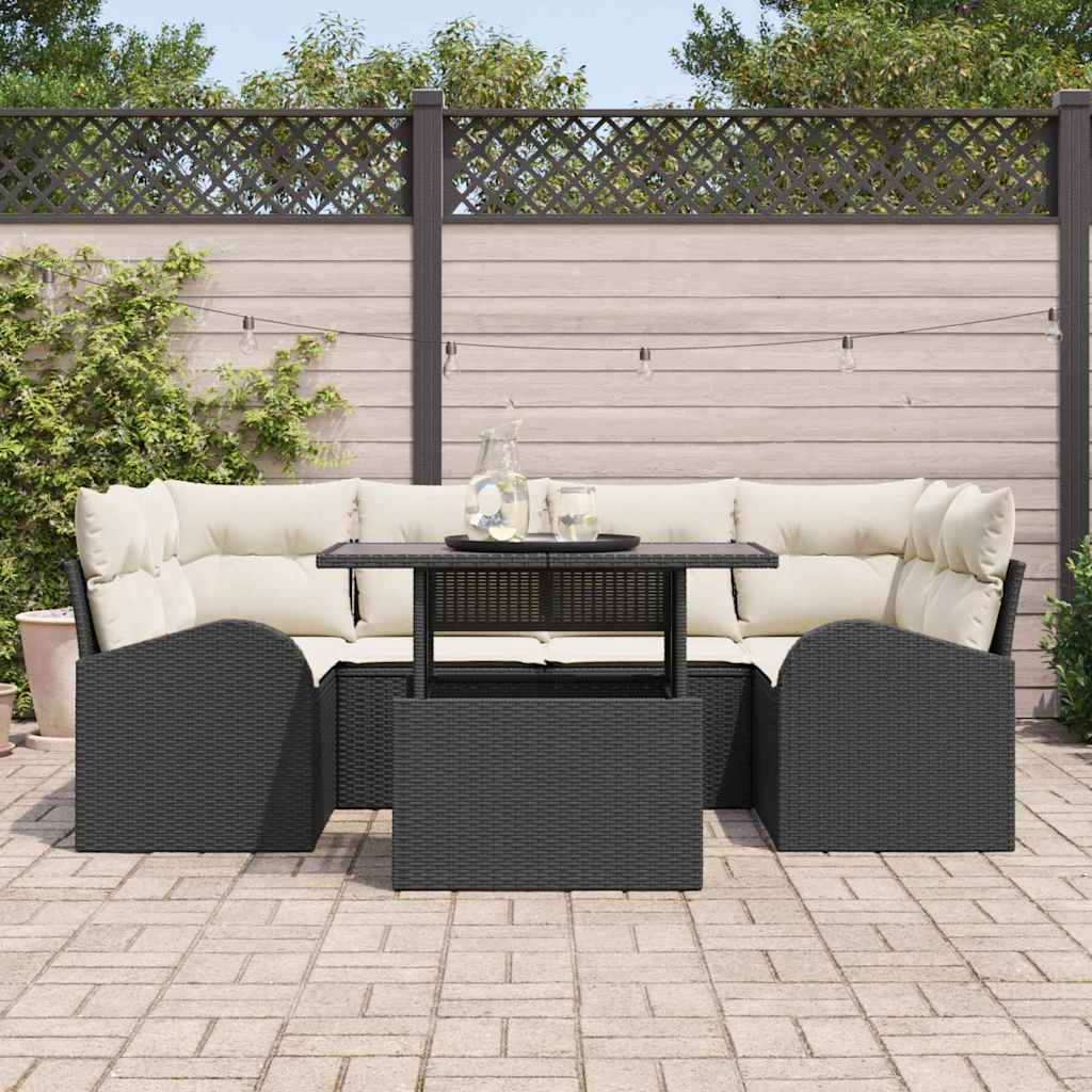 Garten-Sofa-Set mit Kissen mit Kissen 7 pcs Schwarz Poly Rattan