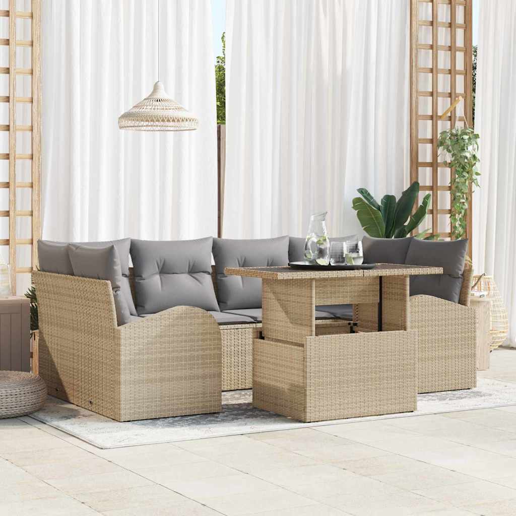 Garten-Sofa-Set mit Kissen mit Speicher 7 pcs Beige Poly Rattan