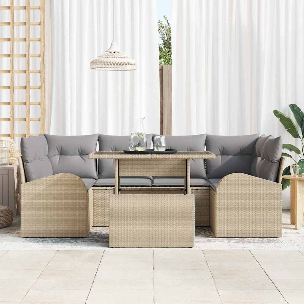 Garten-Sofa-Set mit Kissen mit Speicher 7 pcs Beige Poly Rattan