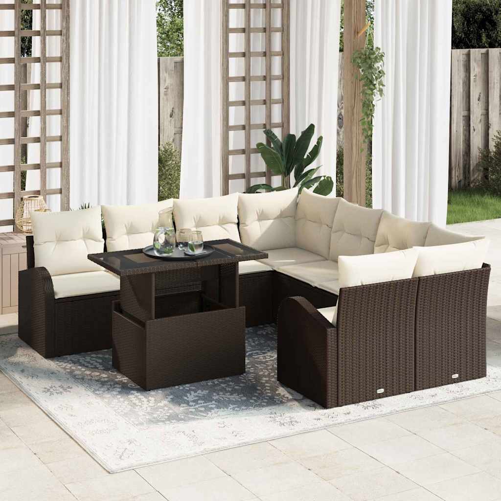 Garten-Sofa-Set mit Kissen mit Speicher 9 pcs Braun Poly Rattan