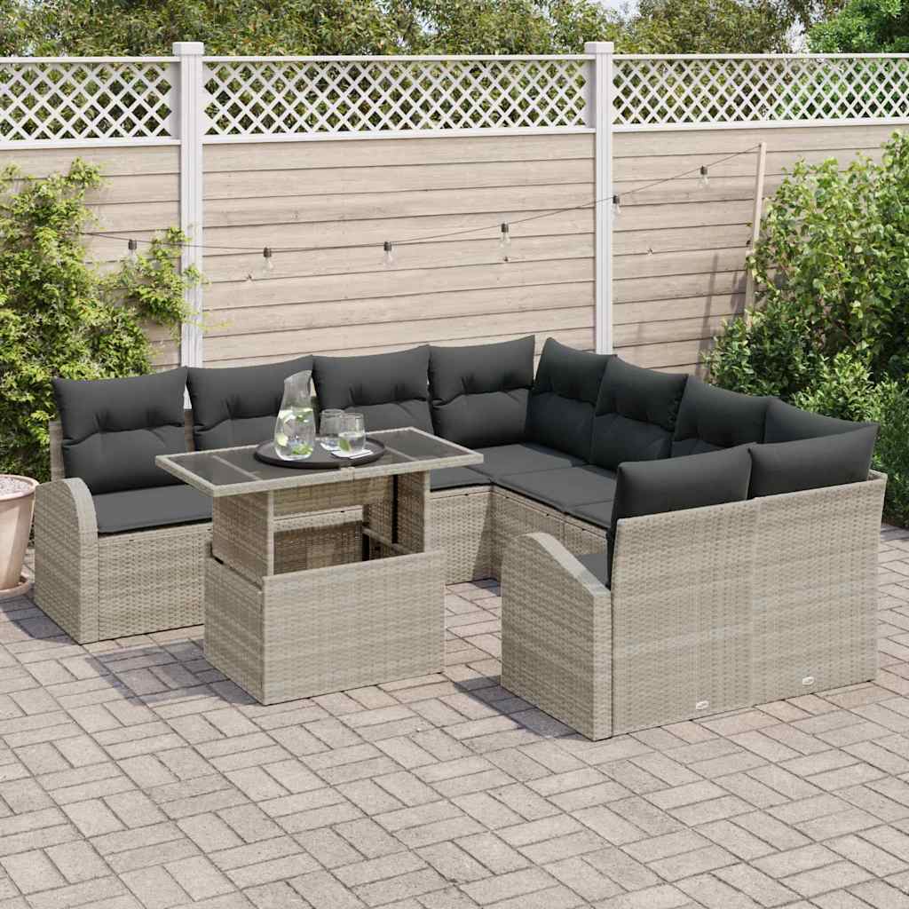 Garten-Sofa-Set mit Kissen 9 pcs Hellgrau Poly Rattan