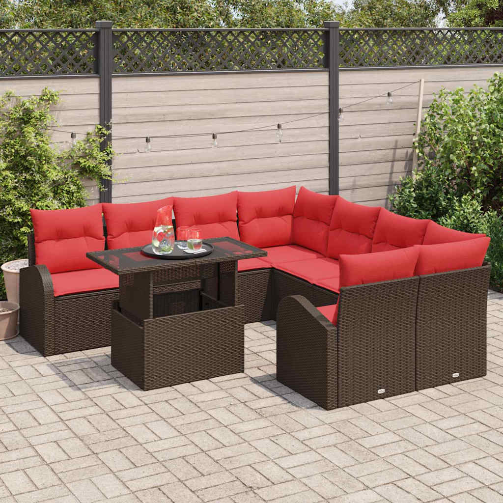 Garten-Sofa-Set mit Kissen mit Speicher 9 pcs Braun Poly Rattan