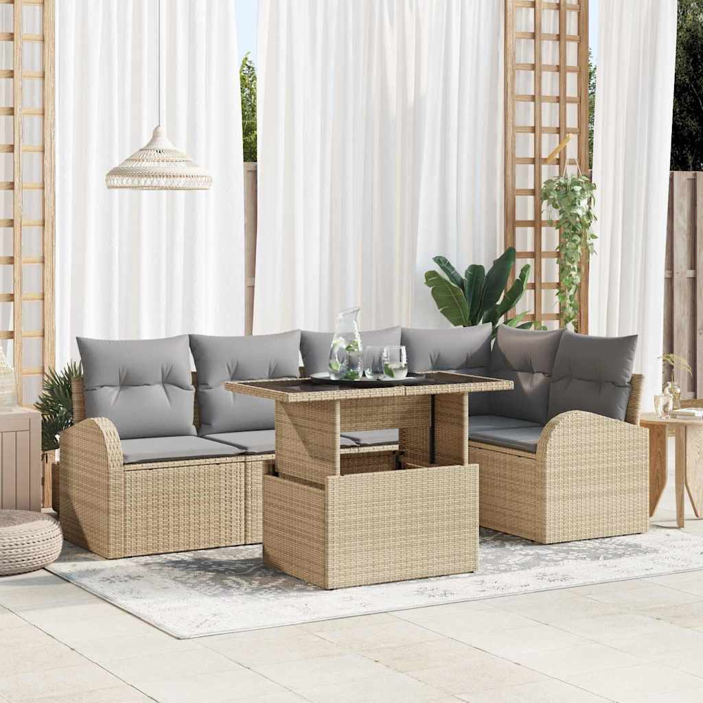Gartensofa-set mit Kissen mit Speicher 6 pcs Beige Poly Rattan