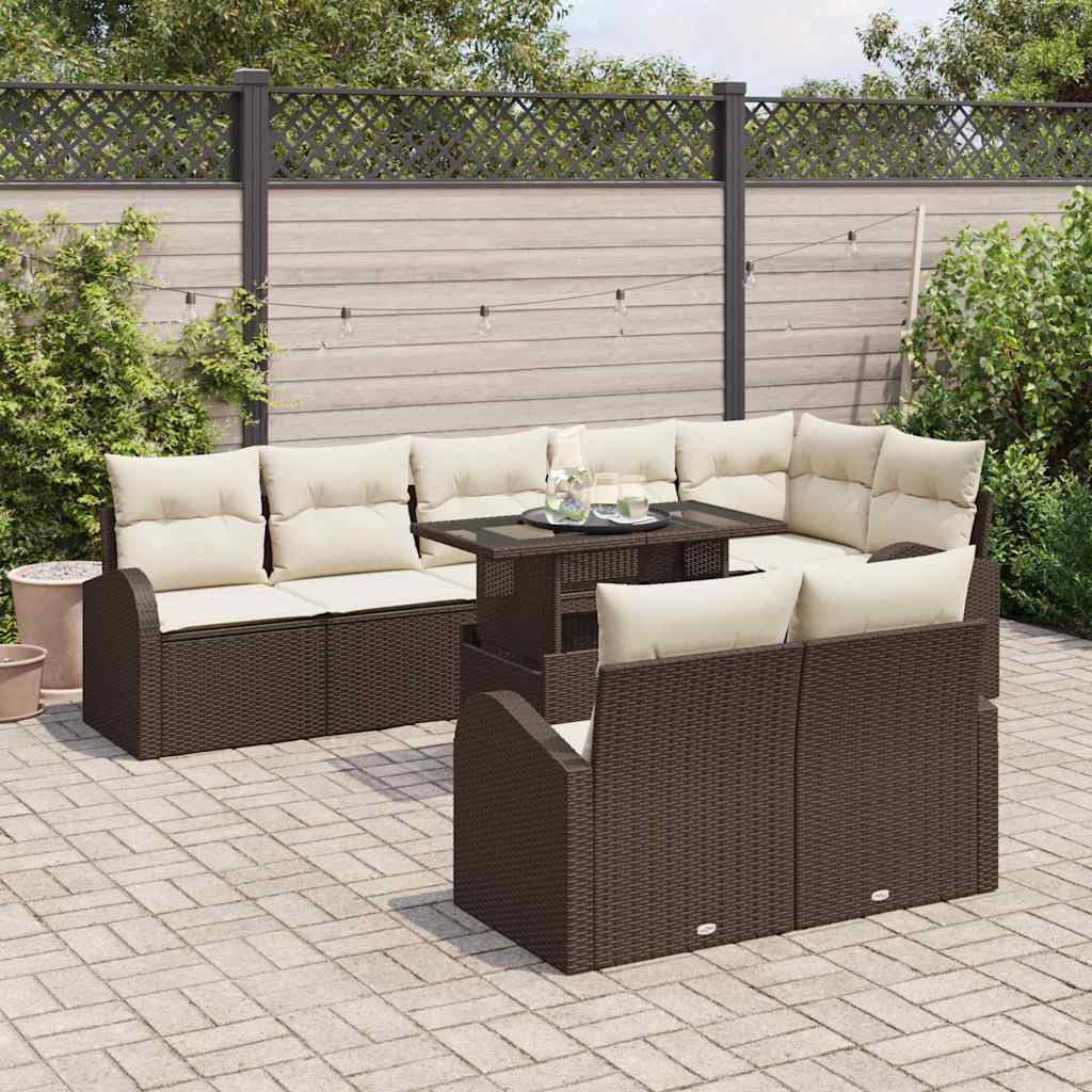 Garten-Sofa-Set mit Speicher 9 pcs Braun Poly Rattan