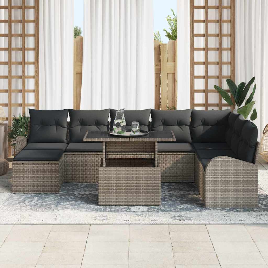 Garten-Sofa-Set mit Speicher 9 pcs Grau Poly Rattan