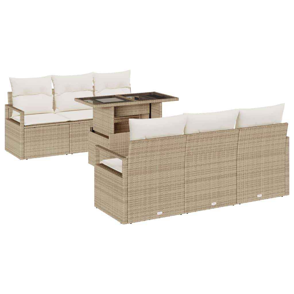 Gartensofa-set mit Kissen mit Speicher 7 pcs Beige Poly Rattan