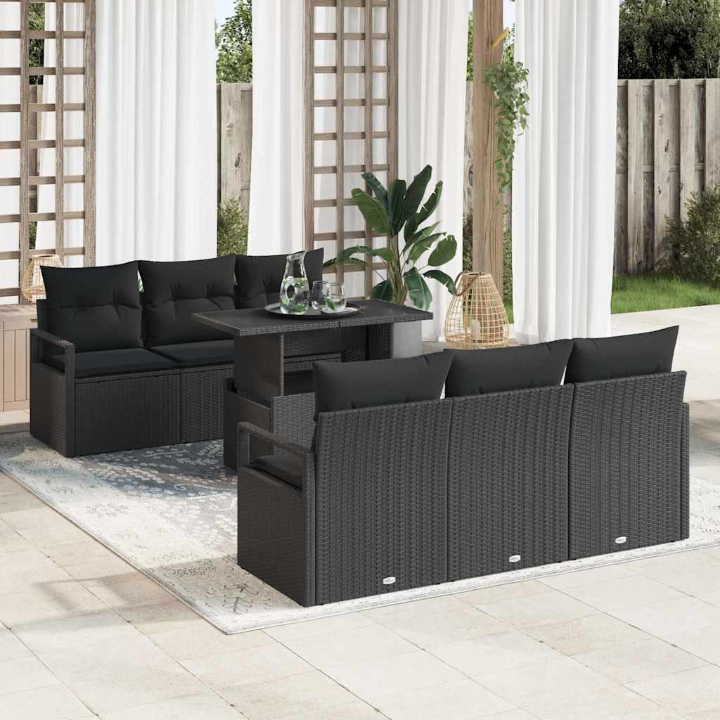 Gartensofa-set mit Kissen 7 pcs Schwarz Poly Rattan