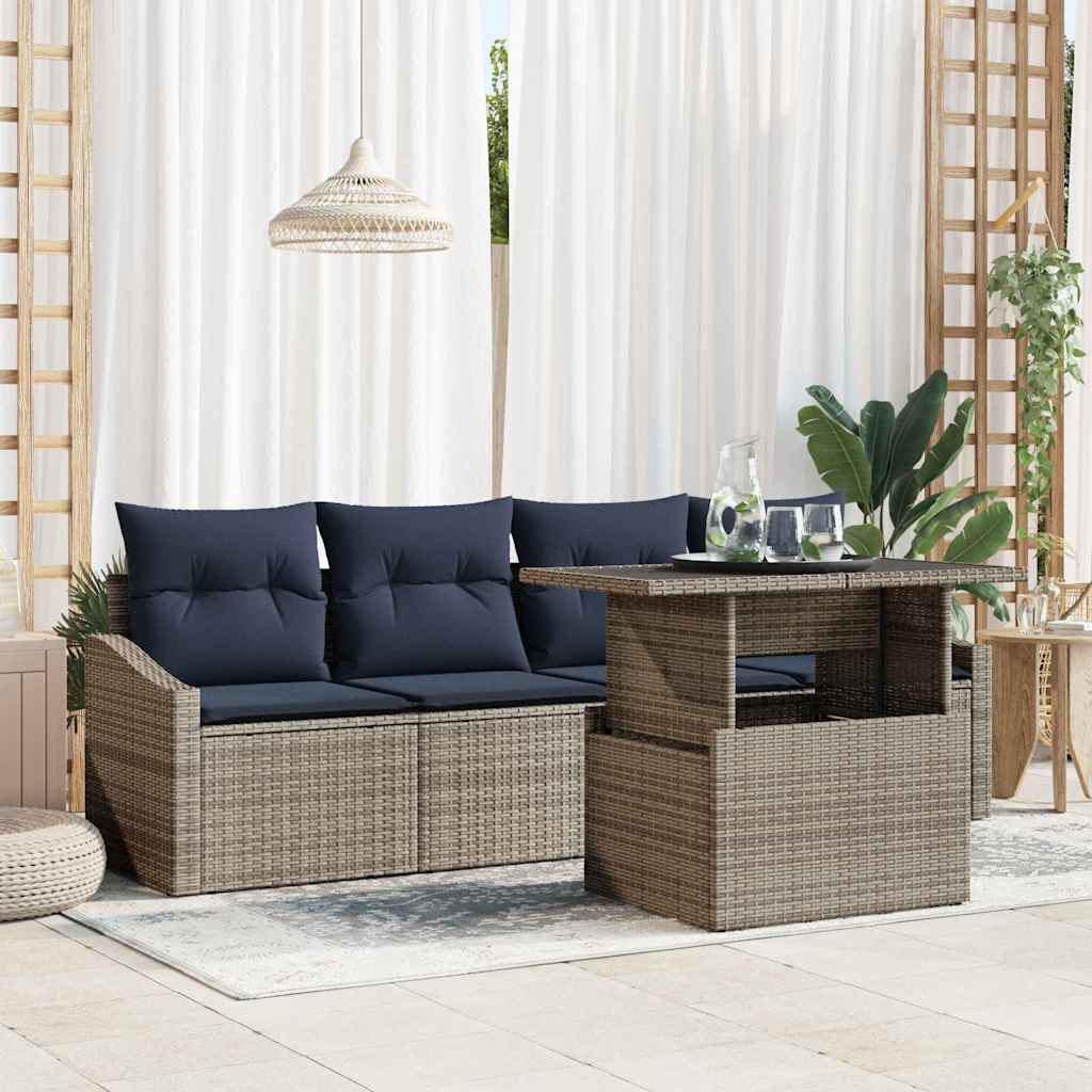 Garten-Sofa-Set mit Kissen mit Speicher 5 pcs Grau Poly-Rattan