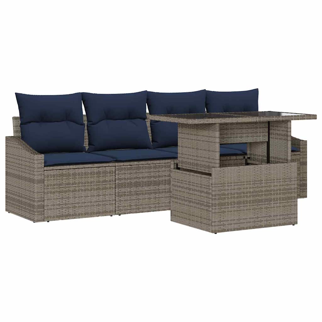 Garten-Sofa-Set mit Kissen mit Speicher 5 pcs Grau Poly-Rattan
