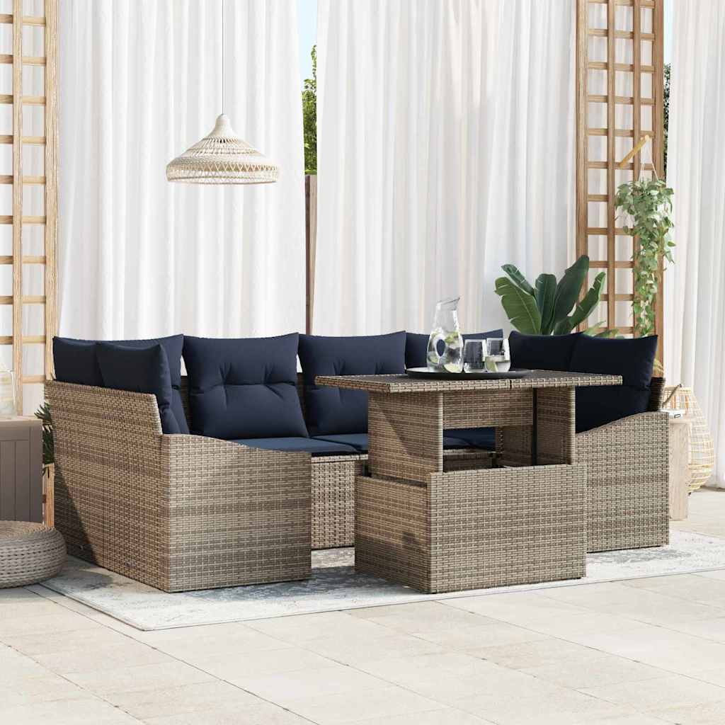 Garten-Sofa-Set mit Speicher 7 pcs Grau Poly Rattan