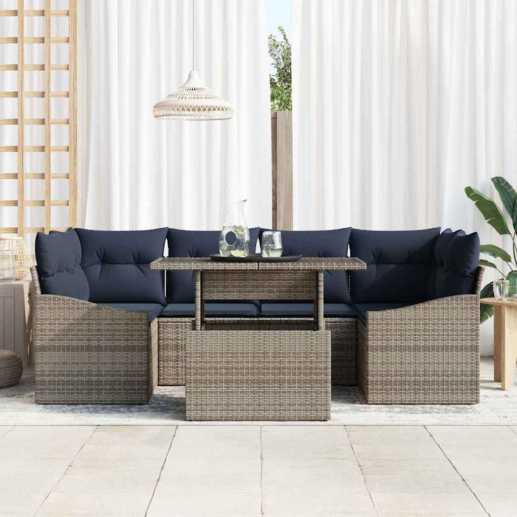 Garten-Sofa-Set mit Speicher 7 pcs Grau Poly Rattan