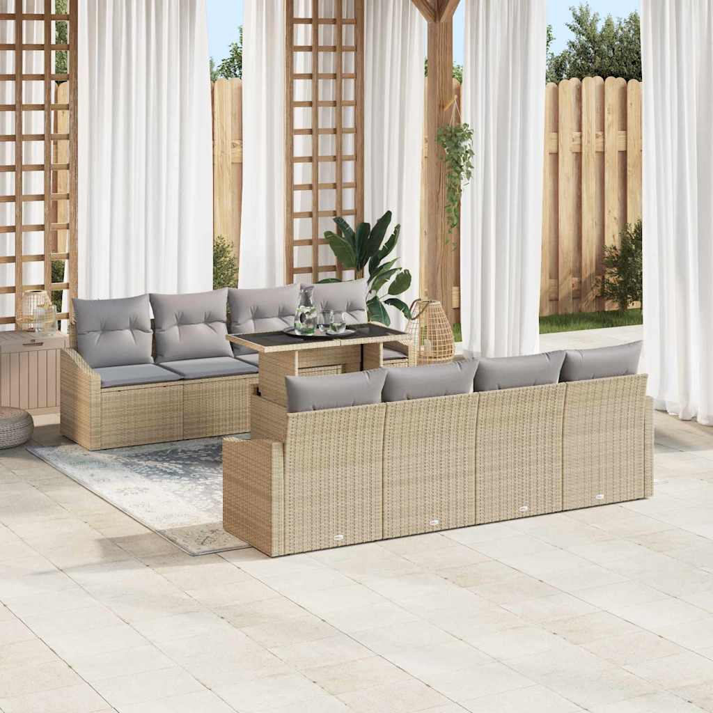 Garten-Sofa-Set mit Kissen mit Speicher 9 pcs Beige Poly-Rattan