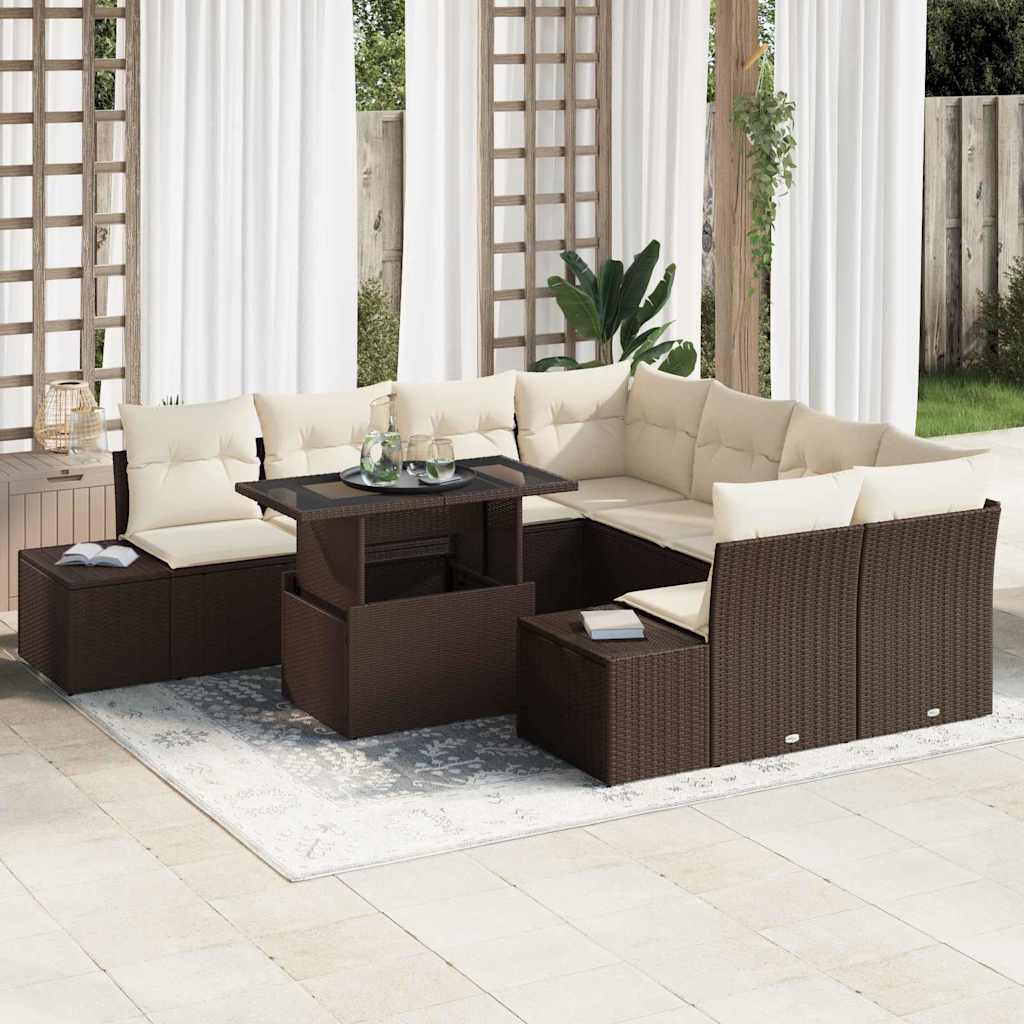 Gartensofa-set mit Kissen 9 pcs Braun und Creme Poly-Rattan