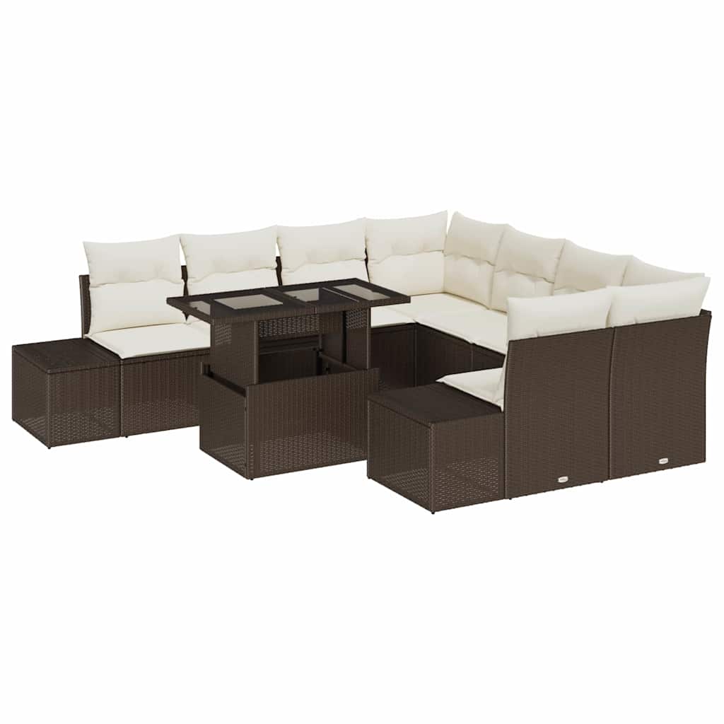 Gartensofa-set mit Kissen 9 pcs Braun und Creme Poly-Rattan