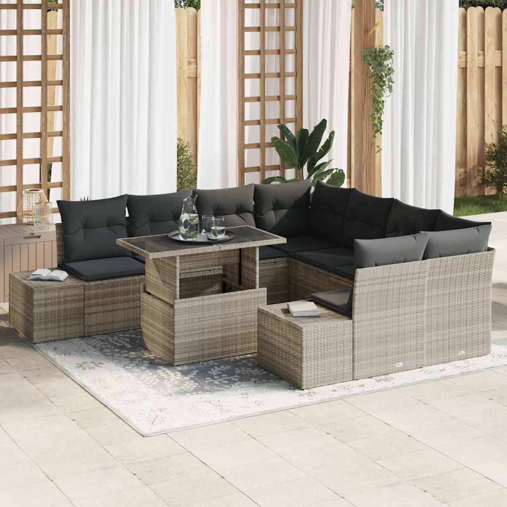 Gartensofa-set 9 pcs Hellgrau und Dunkelgrau Poly-Rattan