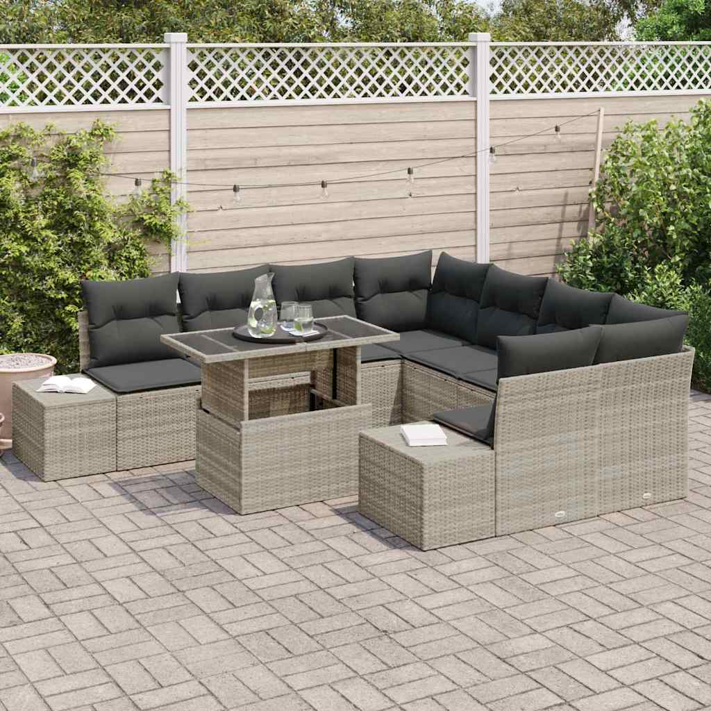 Gartensofa-set 9 pcs Hellgrau und Dunkelgrau Poly-Rattan