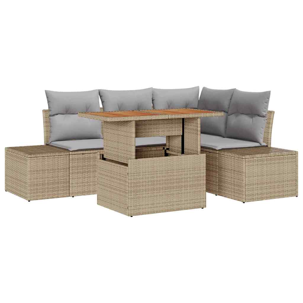 Garten-Sofa-Set mit Speicher 5 pcs Beige Poly Rattan