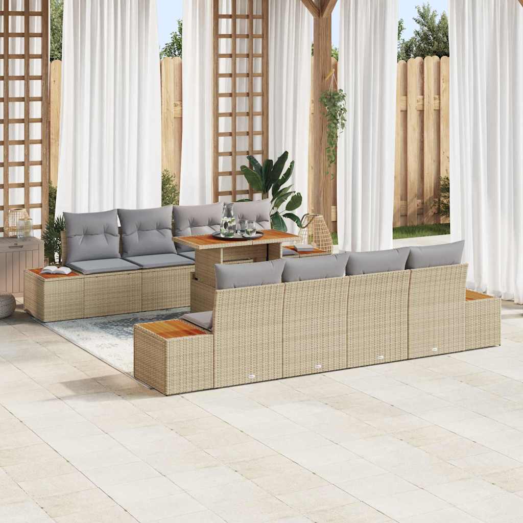 Garten-Sofa-Set mit Kissen mit Speicher 9 pcs Beige Poly Rattan