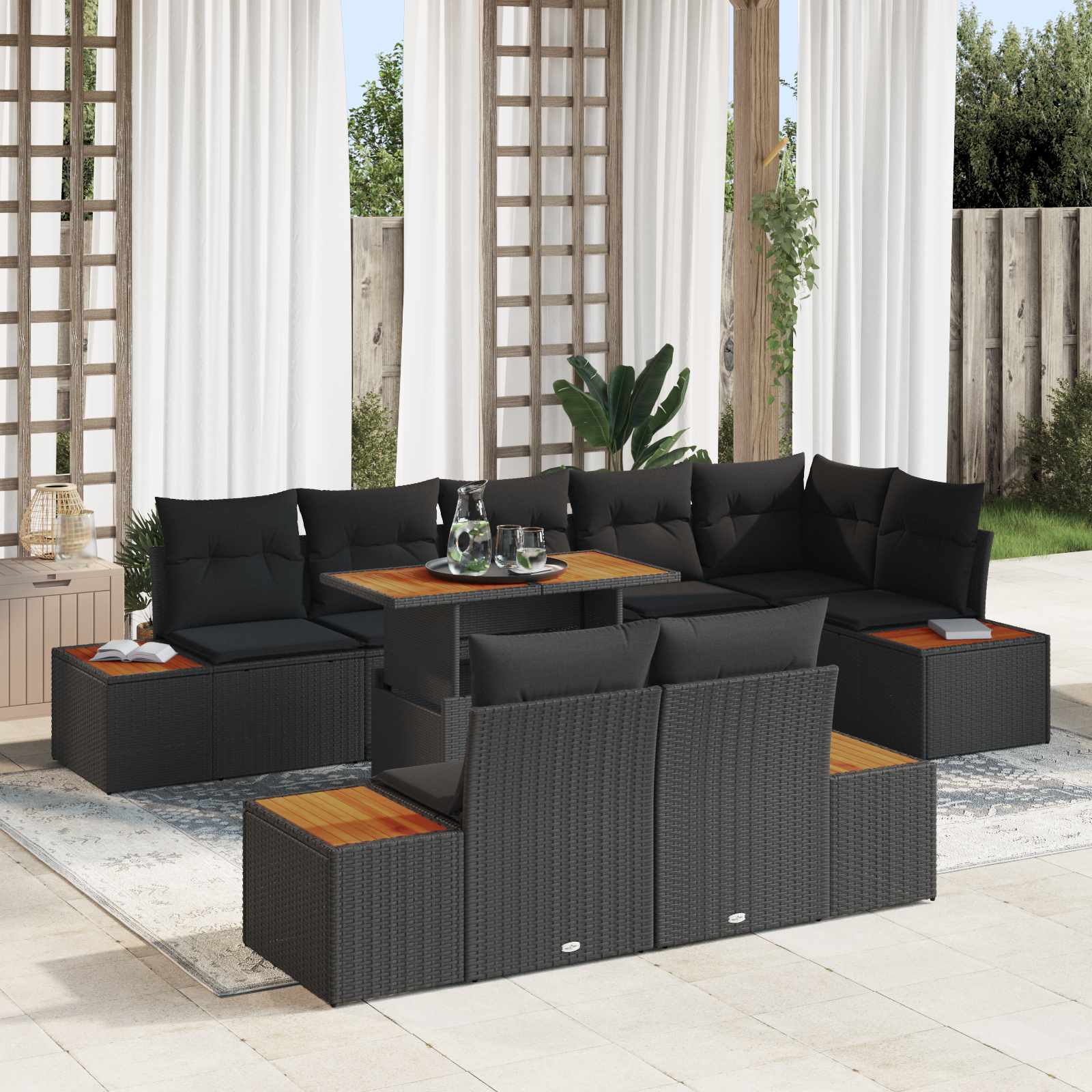 Garten-Sofa-Set mit Speicher 9 pcs Schwarz Poly Rattan