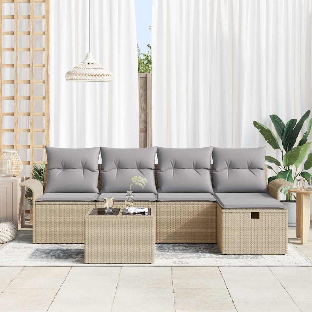 Gartensofa-set mit Kissen 6 pcs Beige und Hellgrau Poly-Rattan