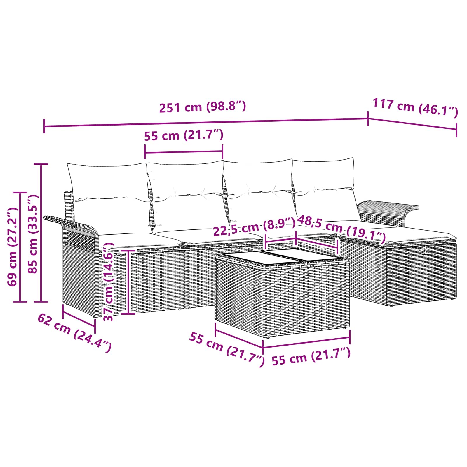 Gartensofa-set mit Kissen 6 pcs Grau und Marineblau Poly-Rattan