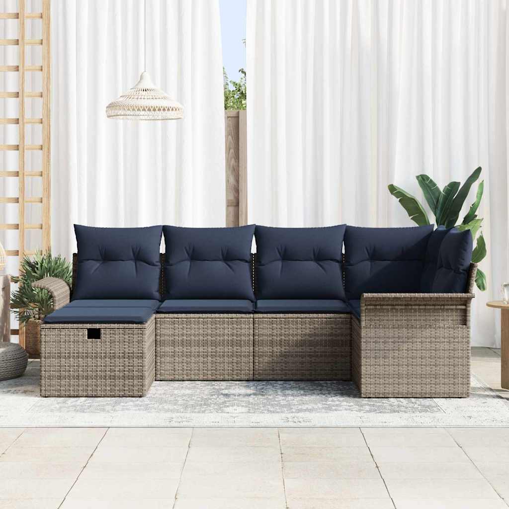 Gartensofa-set mit Kissen 6 pcs Grau und Marineblau Poly-Rattan