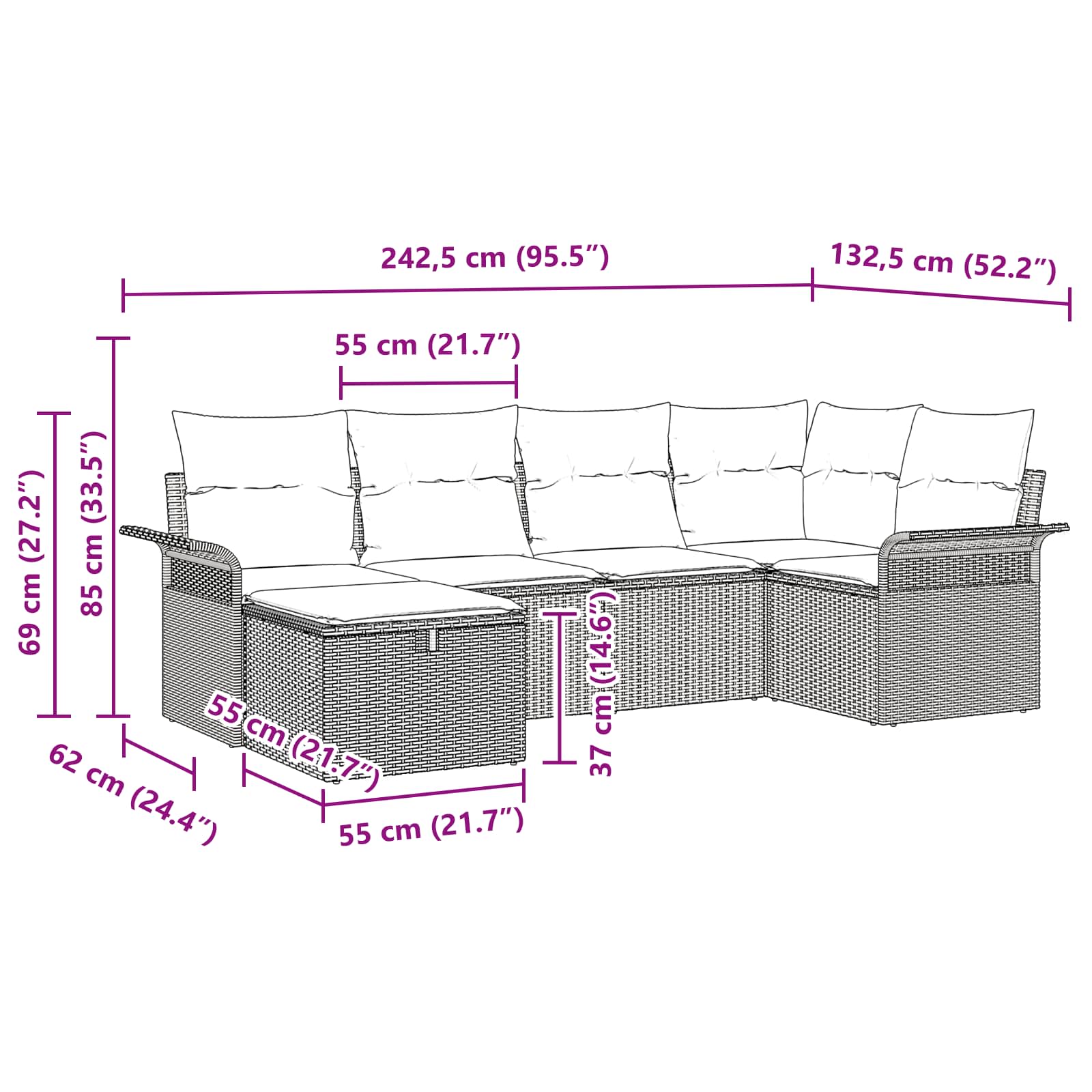 Gartensofa-set mit Kissen 6 pcs Grau und Marineblau Poly-Rattan