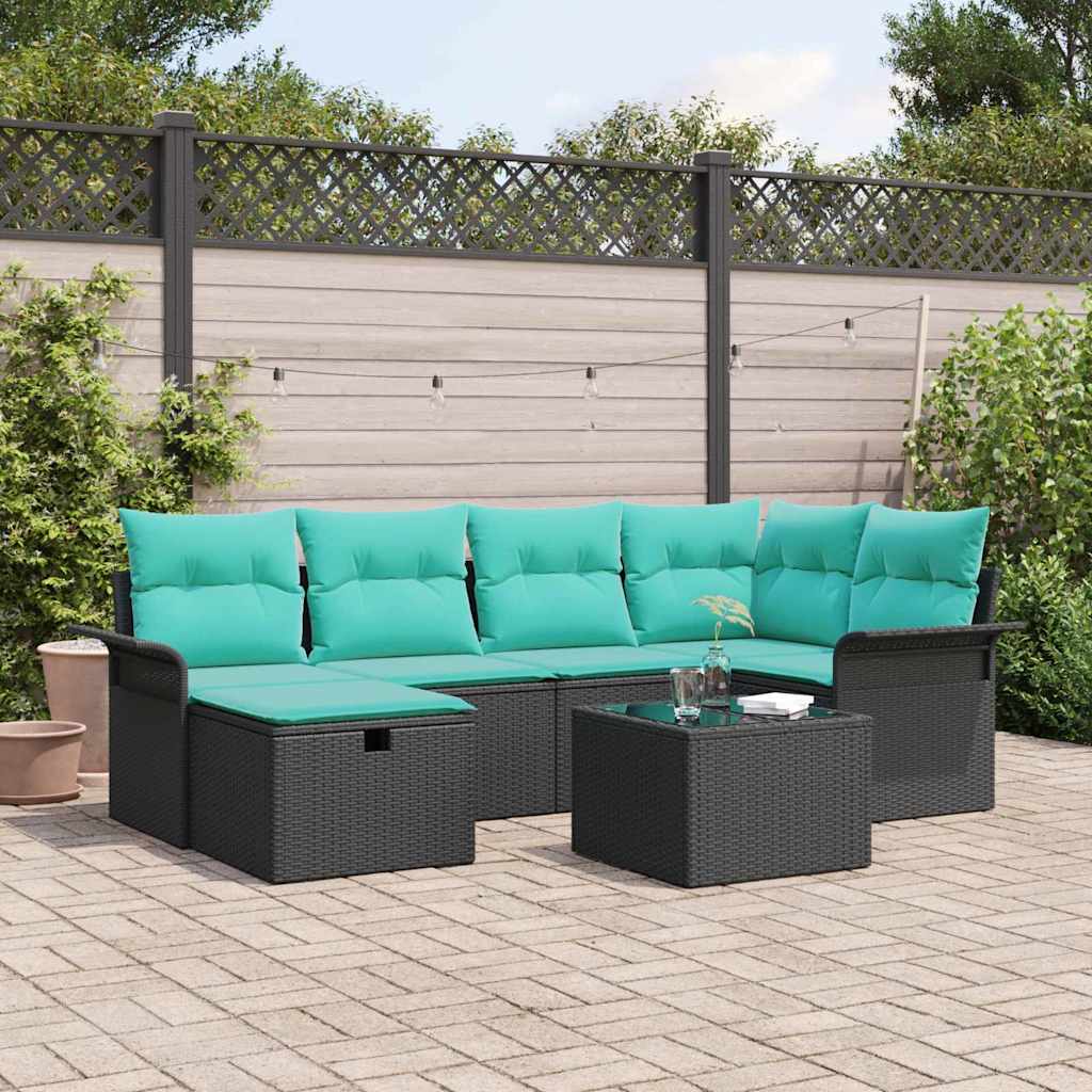 Gartensofa-set mit Kissen 7 pcs Schwarz und Türkis Poly-Rattan