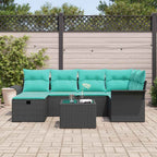 Gartensofa-set mit Kissen 7 pcs Schwarz und Türkis Poly-Rattan