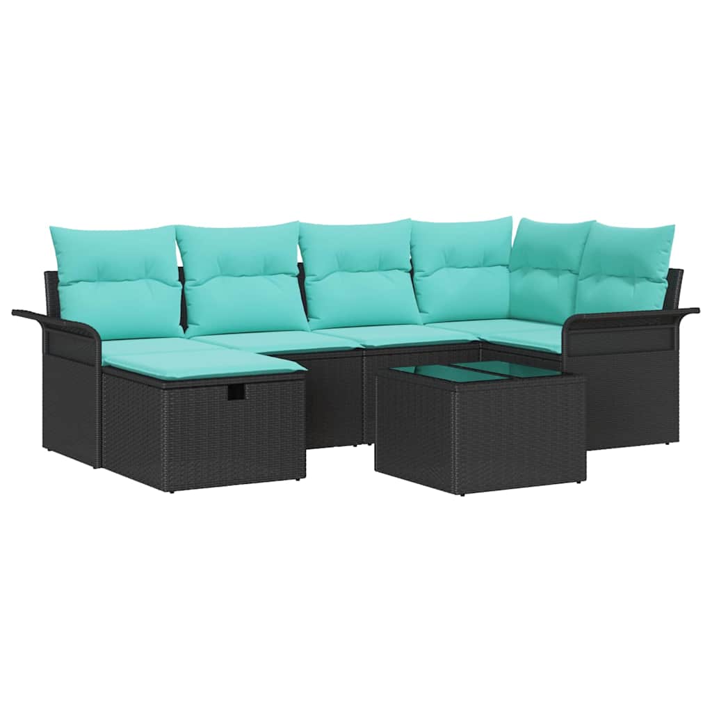 Gartensofa-set mit Kissen 7 pcs Schwarz und Türkis Poly-Rattan