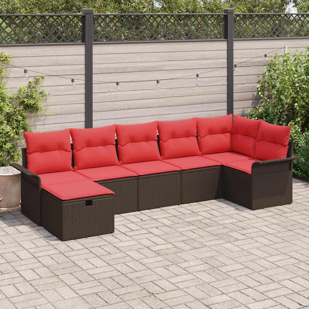 Gartensofa-set mit Kissen 7 pcs Braun und Rot Poly-Rattan