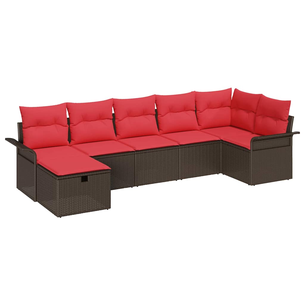 Gartensofa-set mit Kissen 7 pcs Braun und Rot Poly-Rattan