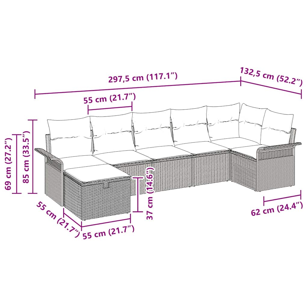 Gartensofa-set mit Kissen 7 pcs Braun und Rot Poly-Rattan