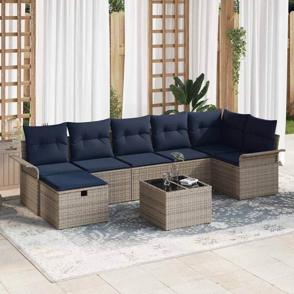 Gartensofa-set mit Kissen 8 pcs Grau und Marineblau Poly-Rattan